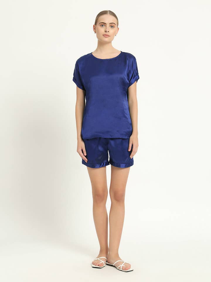 Satin Round Neck - Shorts Lapis Purple PJ Set for wholesale by Thevasa