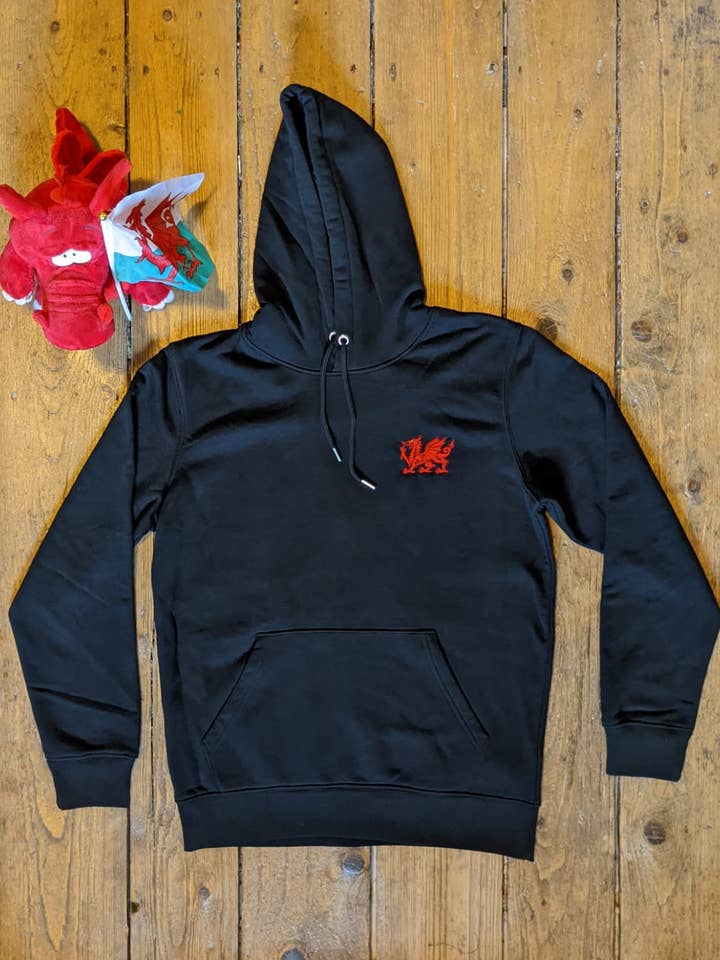 Draig Goch Adults Unisex Organic Hoodie | Embroidered Welsh Dragon St Davids Day Hoodie for wholesale by Helz Defined