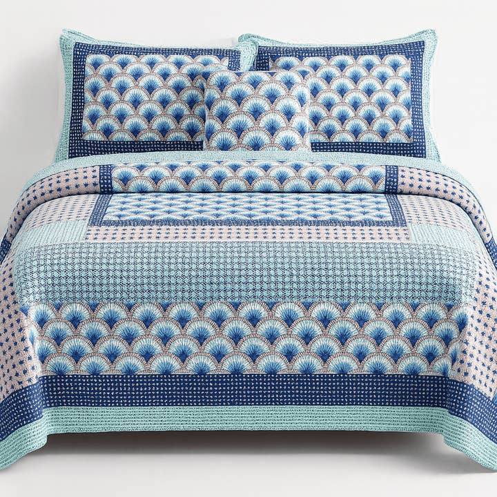 DaDa Bedding Mediterranean Blue Mint Green Patchwork Quilted Bedspread Set (JHW-884) for wholesale by DaDalogy Bedding