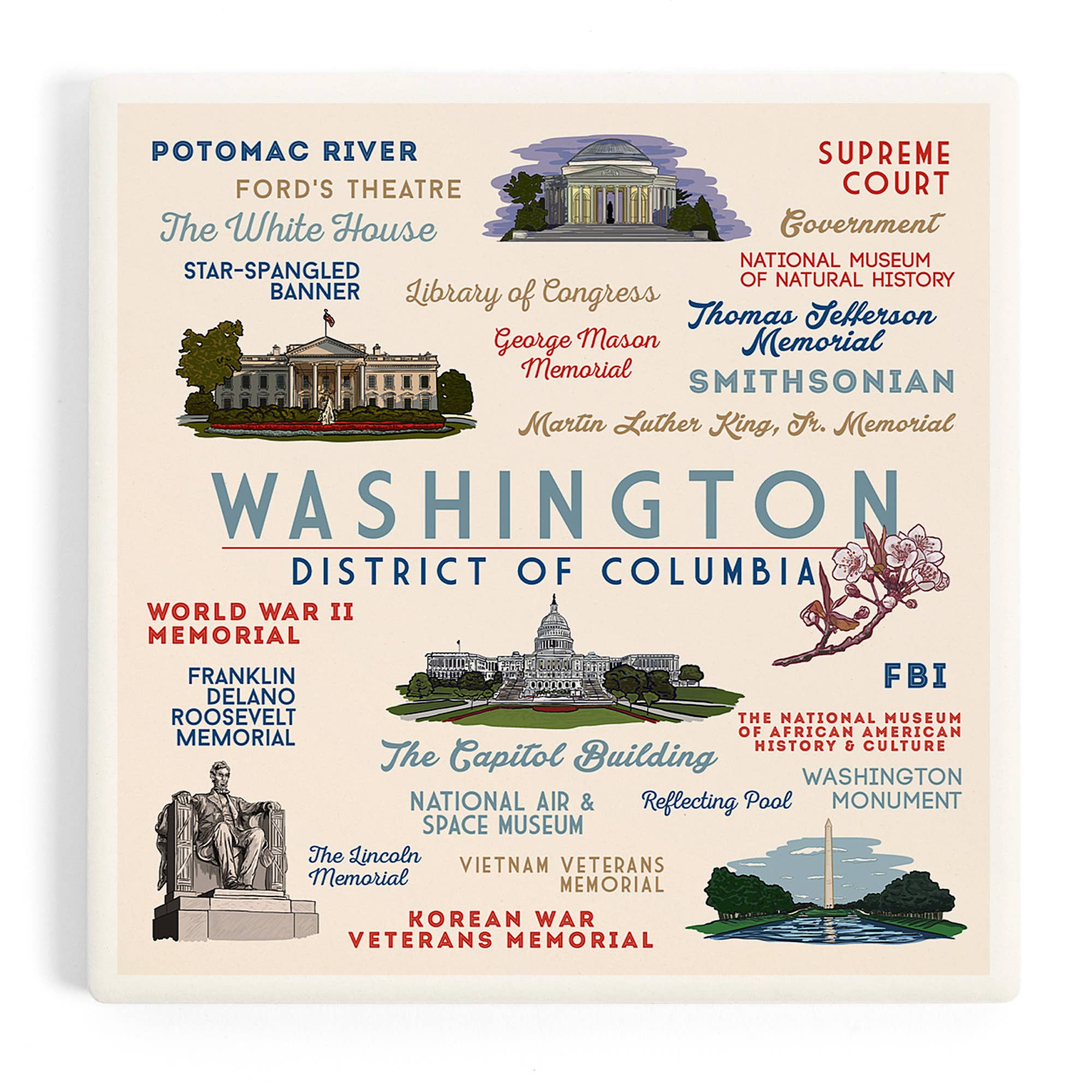 Lantern Press - Wholesale Coasters - Washington DC - Typography and Icons Ceramic Coaster0