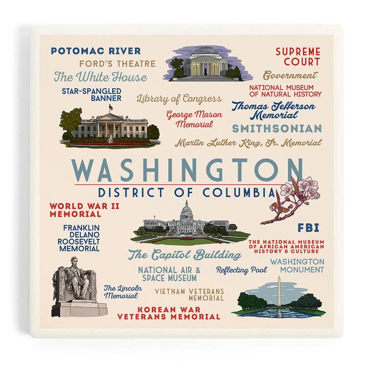 Lantern Press - Wholesale Coasters - Washington DC - Typography and Icons Ceramic Coaster
