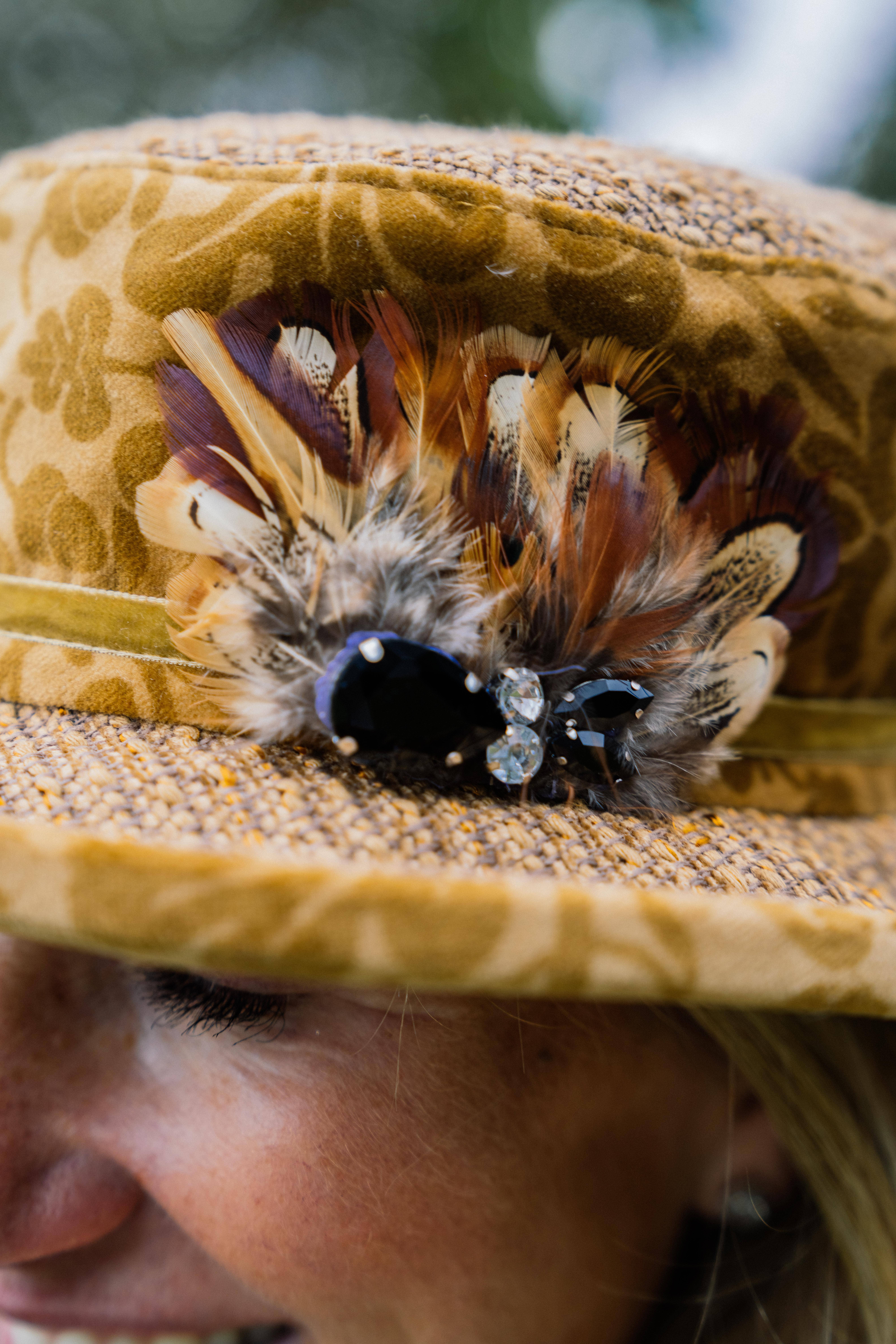 Proppa Toppa Hats - Wholesale Fedora - Women's - Mustard Vintage Velour & Chenille Small Brim with Feather Decoration.2