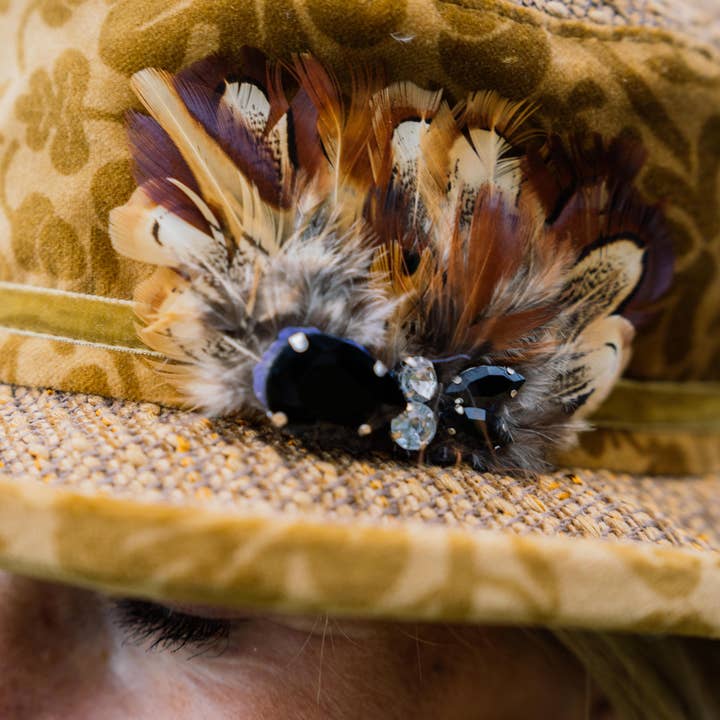 Proppa Toppa Hats - Wholesale Fedora - Women's - Mustard Vintage Velour & Chenille Small Brim with Feather Decoration.2
