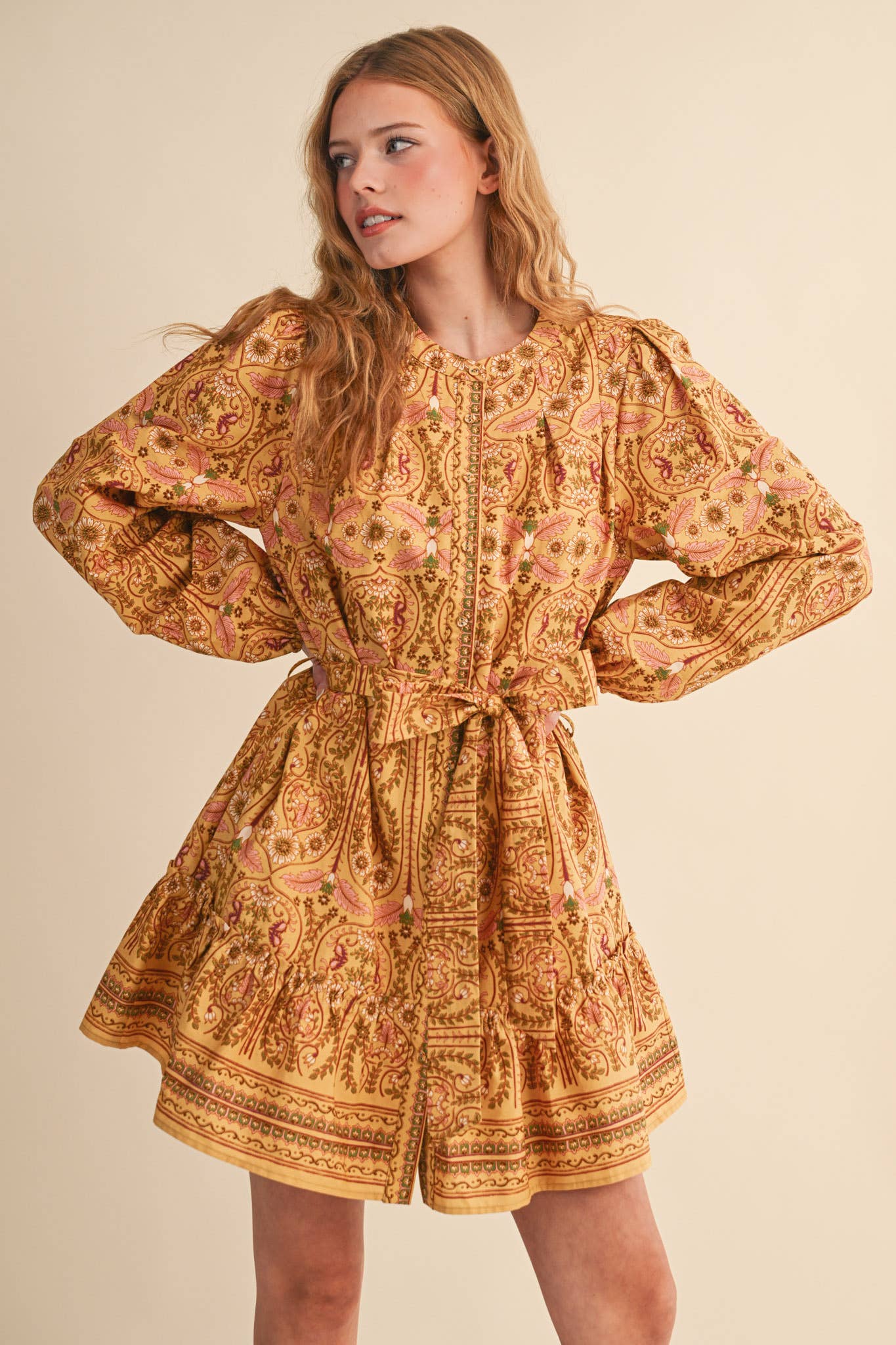 &MERCI - Wholesale Dress - Women's - EXCLUSIVE FLORAL PRINT BUTTON DOWN BELTED MINI DRESS MDR452112