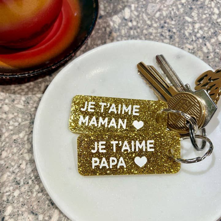 JE T'AIME PAPA - MAMAN Porte-clés à paillettes Plus de Love pour la vente par Plus de Love