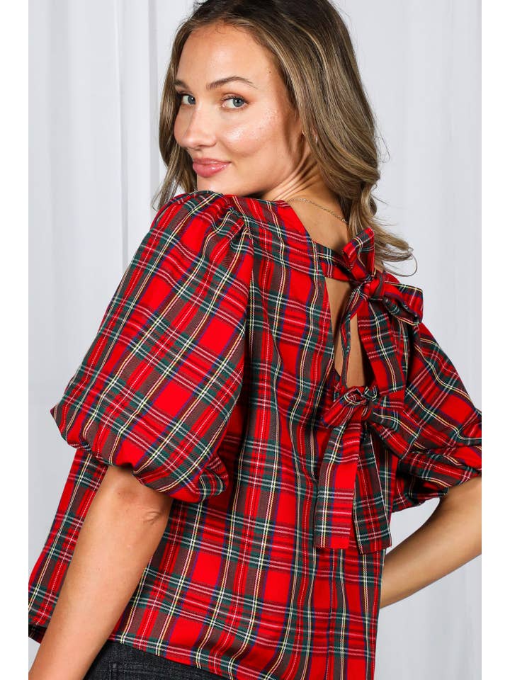 Vine & Love - Wholesale Blouse - Women's - V-Back 2 Bow Accent Feminine Plaid Blouse Top VT82621A19