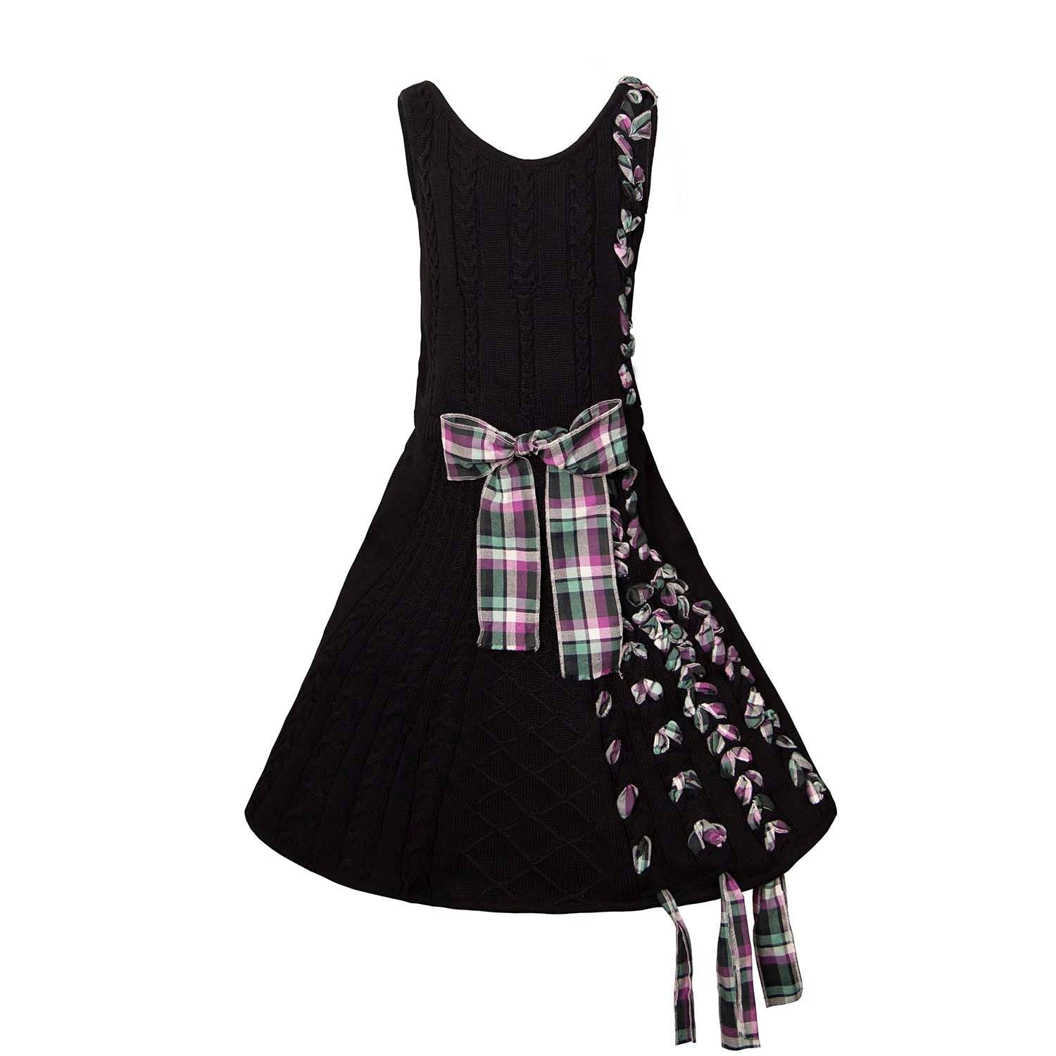 Infantium Victoria – wholesale Dress – Kids – Black Cable Knit Dress with Purple Tartan Details0