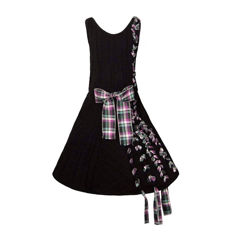 Infantium Victoria – wholesale Dress – Kids – Black Cable Knit Dress with Purple Tartan Details