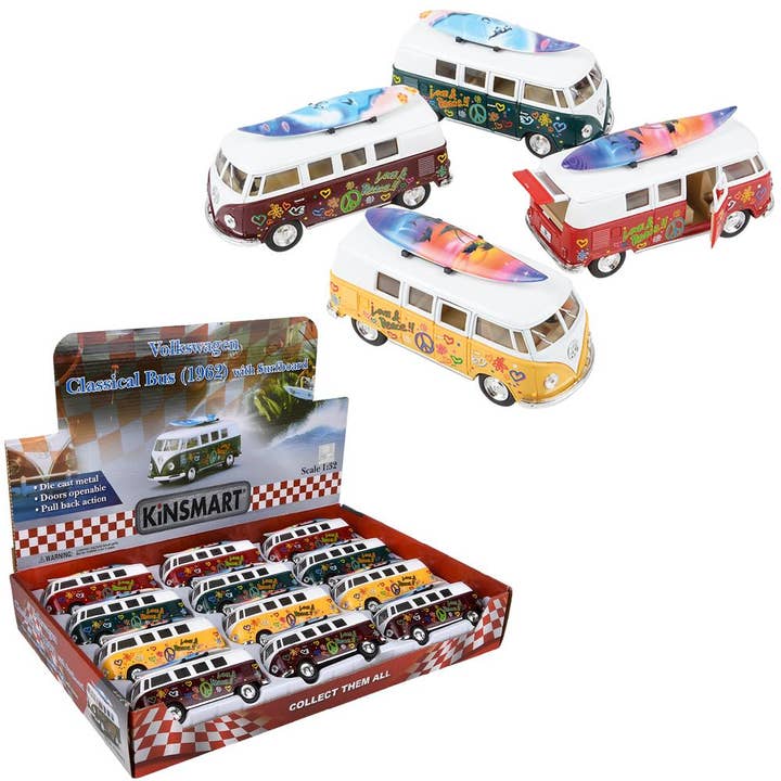 The Toy Network - Wholesale Toy Car/Truck - Kids - 5" Diecast VW Bus With Surfboard