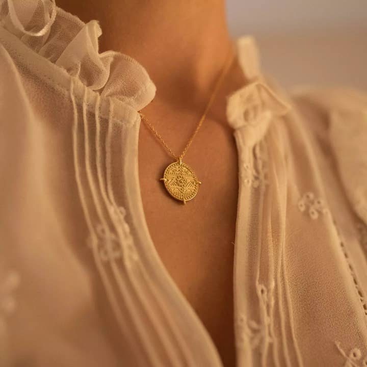 Chunky 18K Gold Aztec Coin Medallion Necklace for wholesale on Faire3