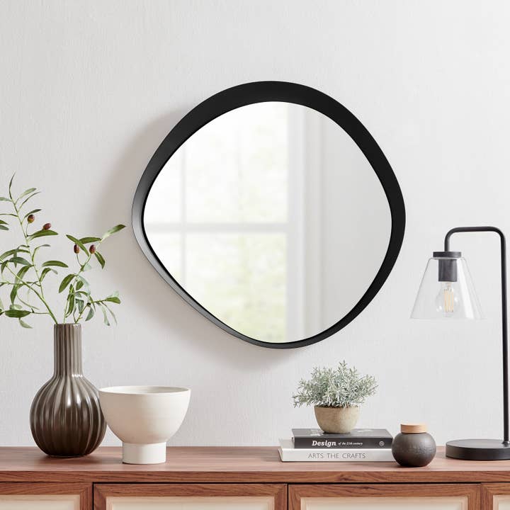 Sonya 24-in. Asymmetrical Wall Mirror with Black Iron Frame for wholesale by Danya B