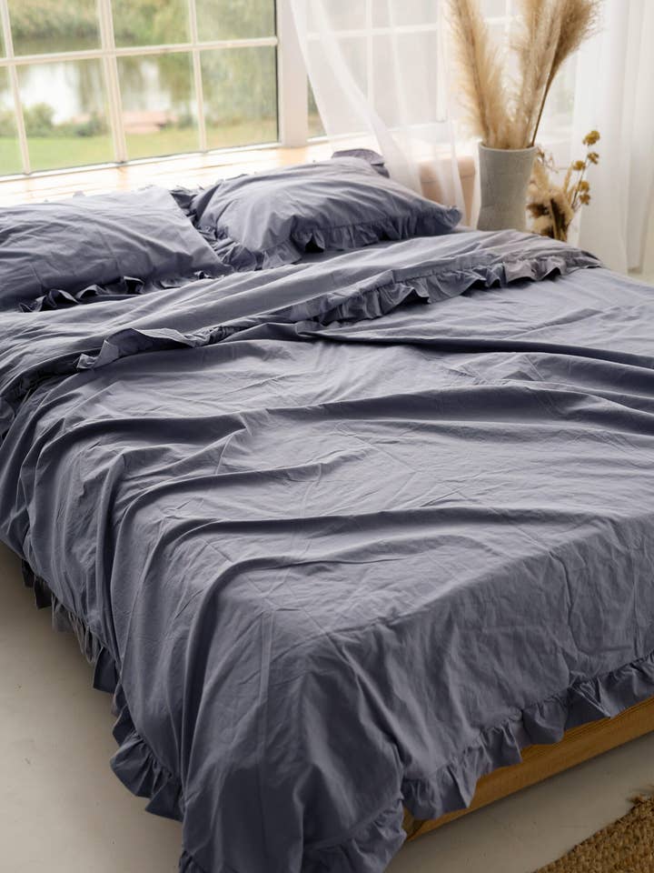 Stonewashed Cotton Dark Grey Duvet Set with Ruffles for wholesale by Nich Linen