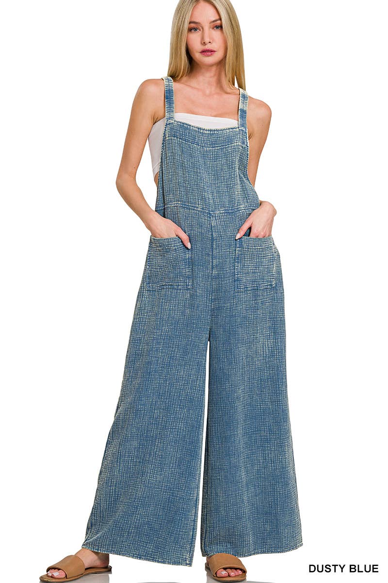 42POPS - Wholesale Overalls - Women's - 0723 Washed Double Gauze Wide Leg Overalls SI-258876