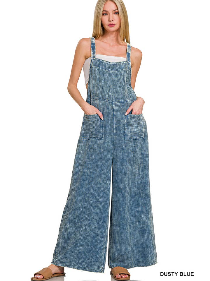 42POPS - Wholesale Overalls - Women's - 0723 Washed Double Gauze Wide Leg Overalls SI-258876