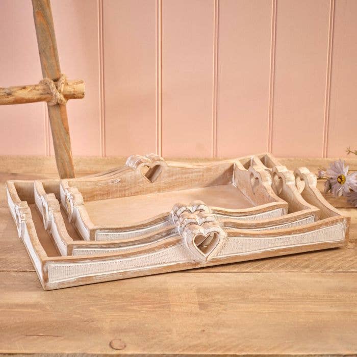 Mango tvättat trä med MDF-hjärtformade handtag rektangulära träbrickor set om 3 för wholesale av Langs