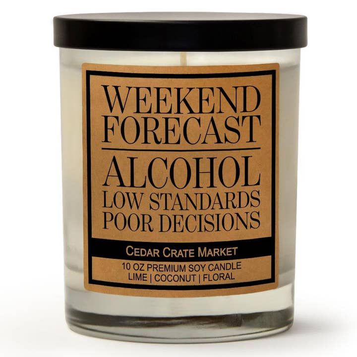 Weekend Forecast Alcohol Poor Decisions Funny Candles for wholesale by Cedar Crate Market