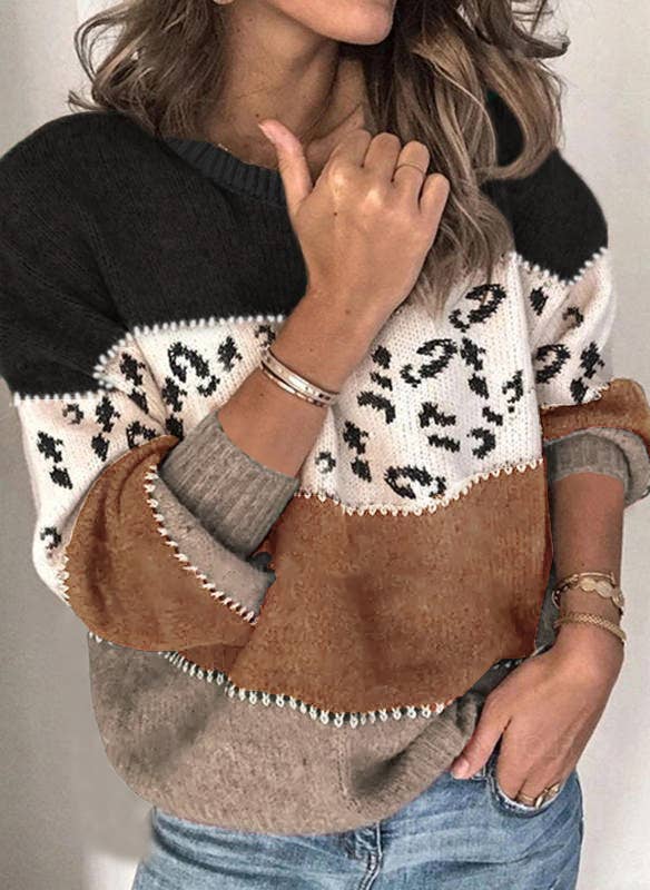 Lily Clothing - Wholesale Knit Sweater - Women's - LEOPARD PRINT PATCHWORK FASHION KNIT PULLOVER4