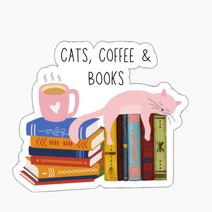Cat,books, and coffee sticker - Gift for her - Cute decor for wholesale by Me Stickers
