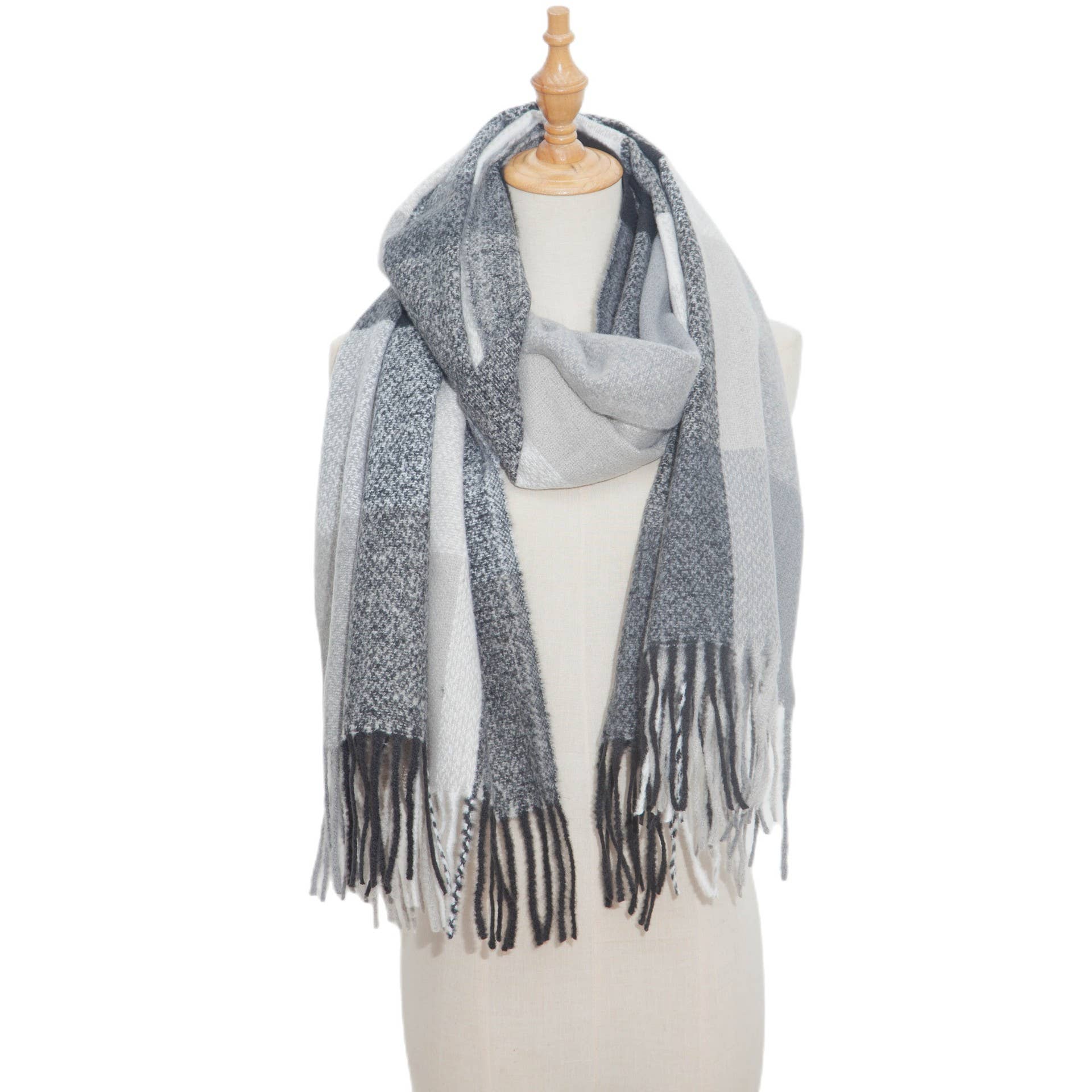 HIDDENBRAND - Wholesale Scarf - Women's - Soft cozy color block fringe scarf wrap7