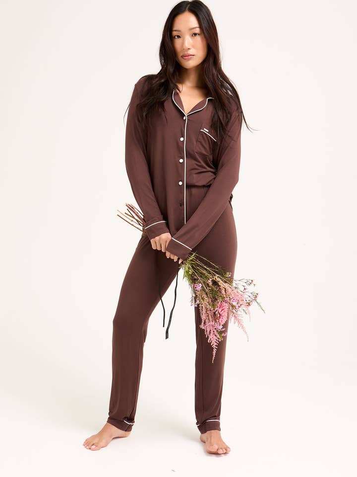 Bamboo Long Pyjama Set in Chocolate for wholesale on Faire5
