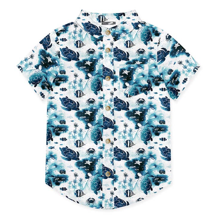 Kids Turquoise Turtle & Friends Short-Sleeve Button-Up for wholesale by Millie Loves Lily