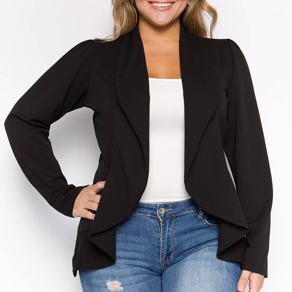 PLUS SIZE CASCADE RUFFLE FRONT BLAZER JACKET for wholesale by Curve Market