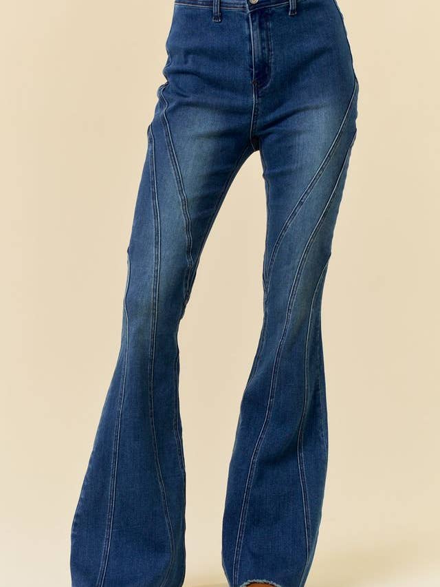SIP6279A- SPLICE DETAIL FLARE DENIM BELL BOTTOM for wholesale by Saints & Hearts