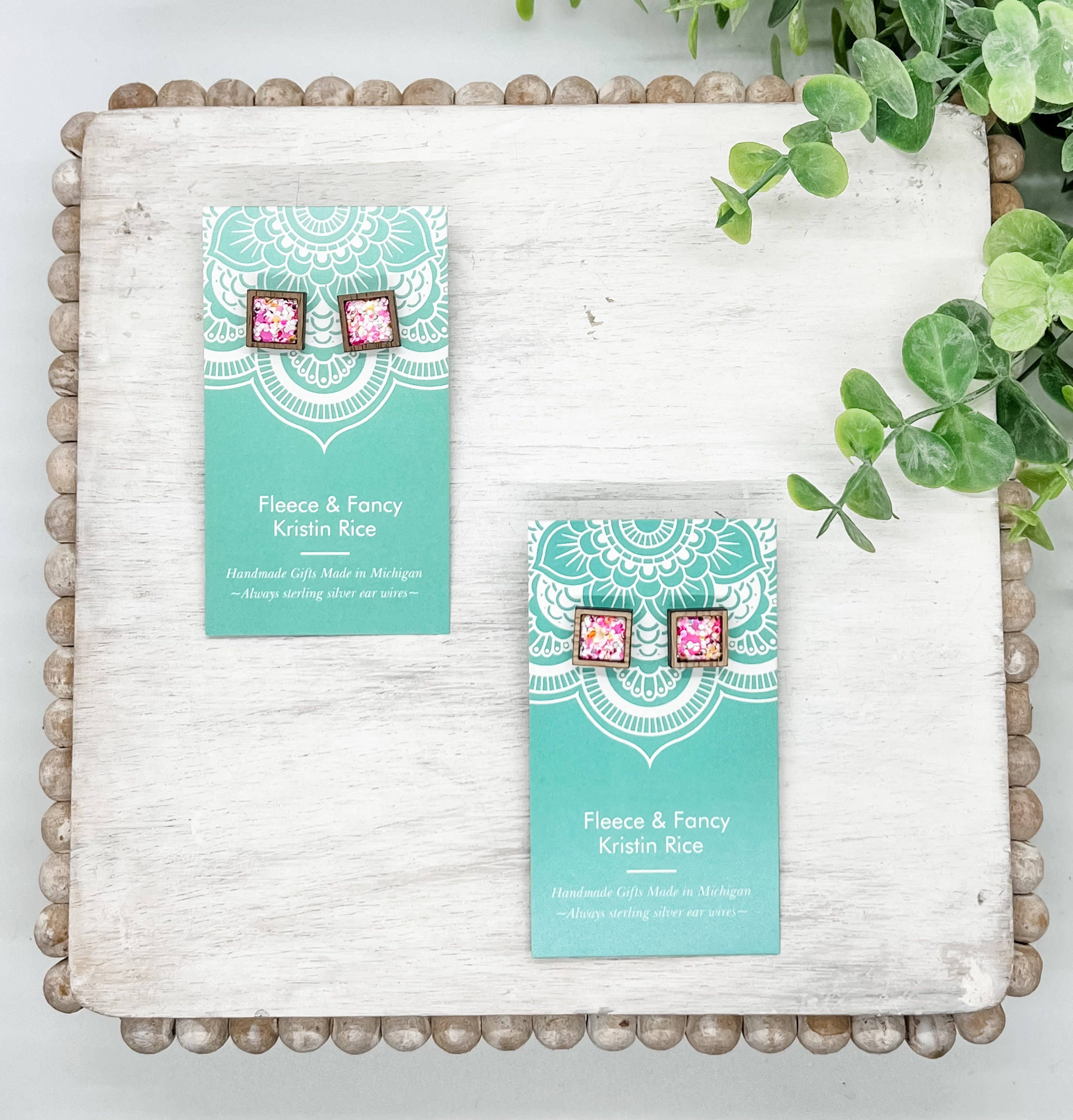 Fleece & Fancy - Wholesale Stud/Post Earrings - Laser Cut Cotton Candy Pink Glitter Stud Earrings0