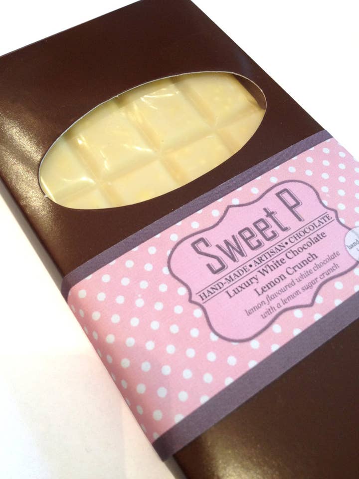 Gourmet Lemon Crunch White Chocolate Bar, Artisan Chocolate for wholesale by sweet p confectionery