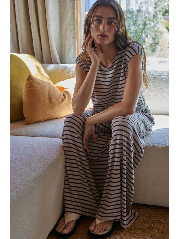 Taupe Black RJ3340 | Knit Polyester Rayon Spandex Striped Wide Leg Pants for wholesale on Faire
