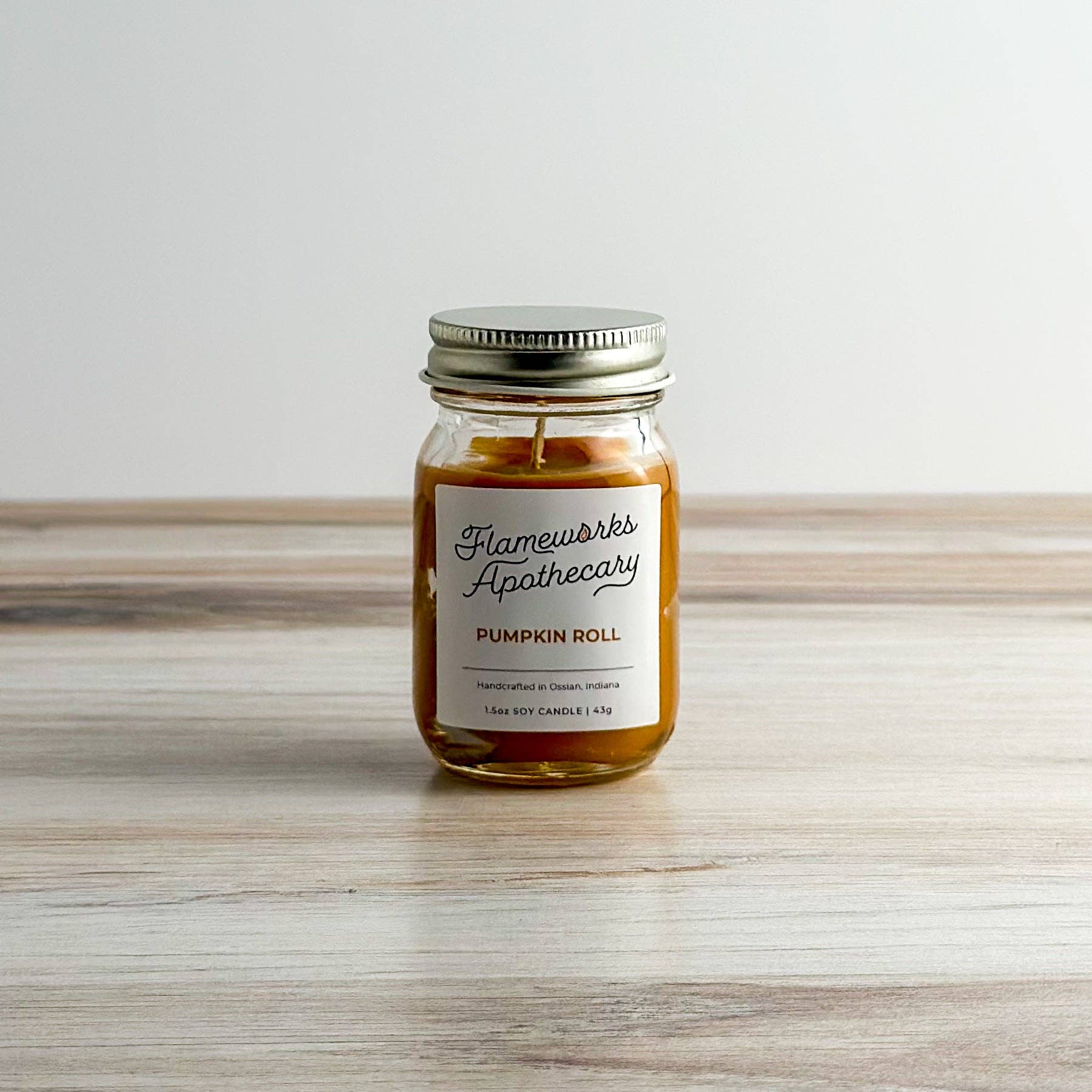 Flameworks Apothecary – wholesale Jar/filled candle – Pumpkin Roll 1.5 oz Mini Mason Jar Candle