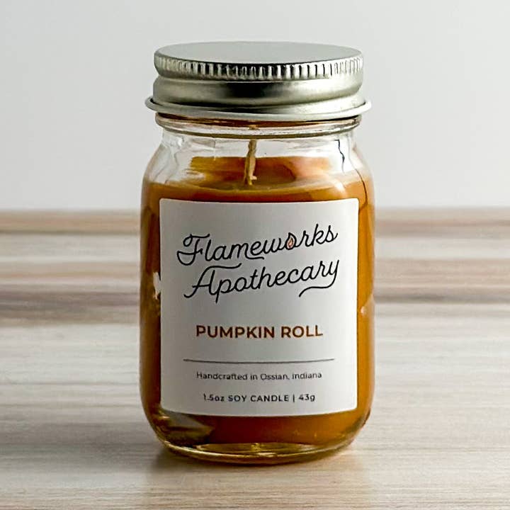 Pumpkin Roll 1.5 oz Mini Mason Jar Candle for wholesale by Flameworks Apothecary