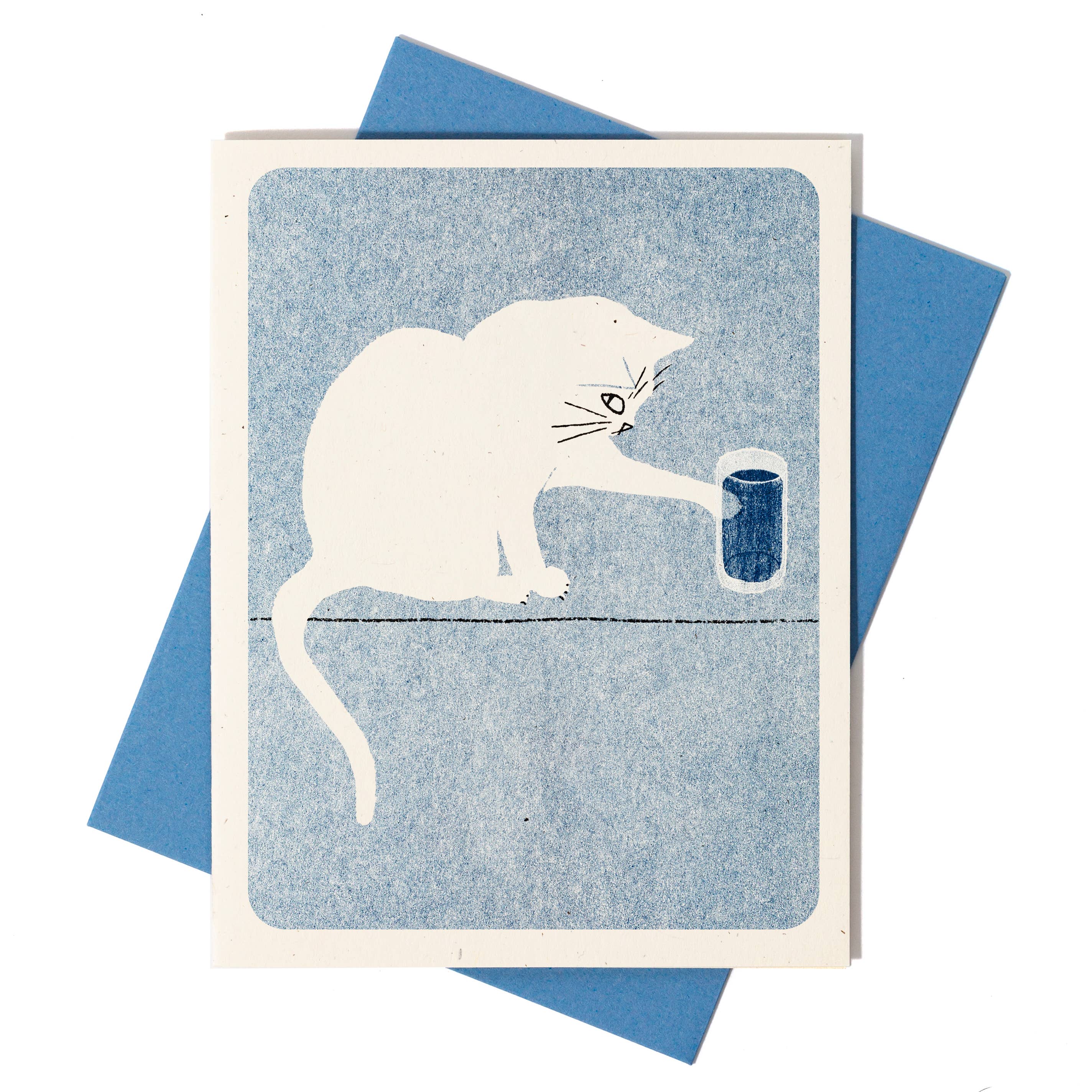 Bromstad Printing Co. - Vente Carte de vœux classique - Carte Risographie 'Verre d'eau' avec chat1