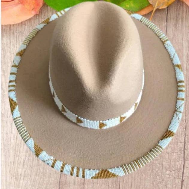 Delight merchants - Wholesale Fedora - Women's - Beige fedora hat|cowboy hat|brim hat|summer hats|beaded hats with white and gold beads with free shipping world wide