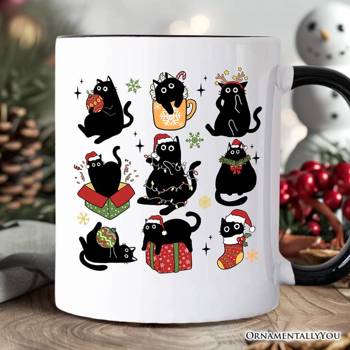 Christmas Black Cats Gift Mug, Whimsical Cats with Santa Hat for wholesale on Faire0