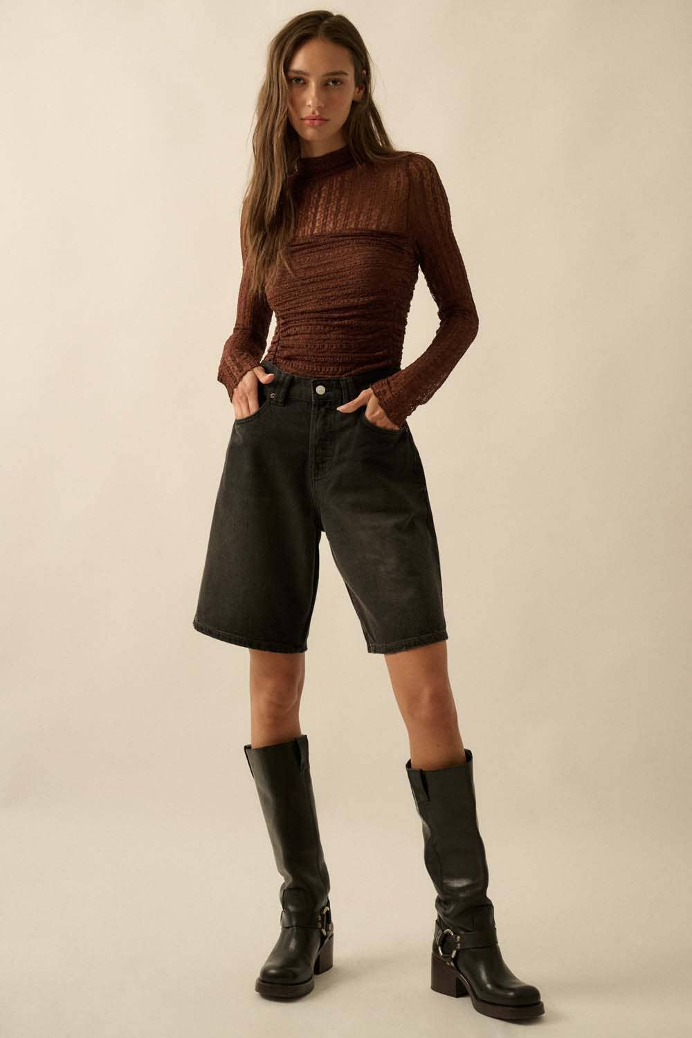 Promesa USA - Wholesale Bodysuit - Women's - Striped Floral Lace Ruched Mock-Neck Bodysuit8