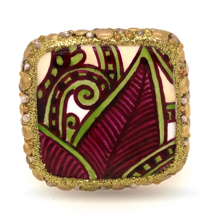 Anello in Argento con Porcellana quadrata Dipinta a mano per la vendita all'ingrosso da parte di Tagua