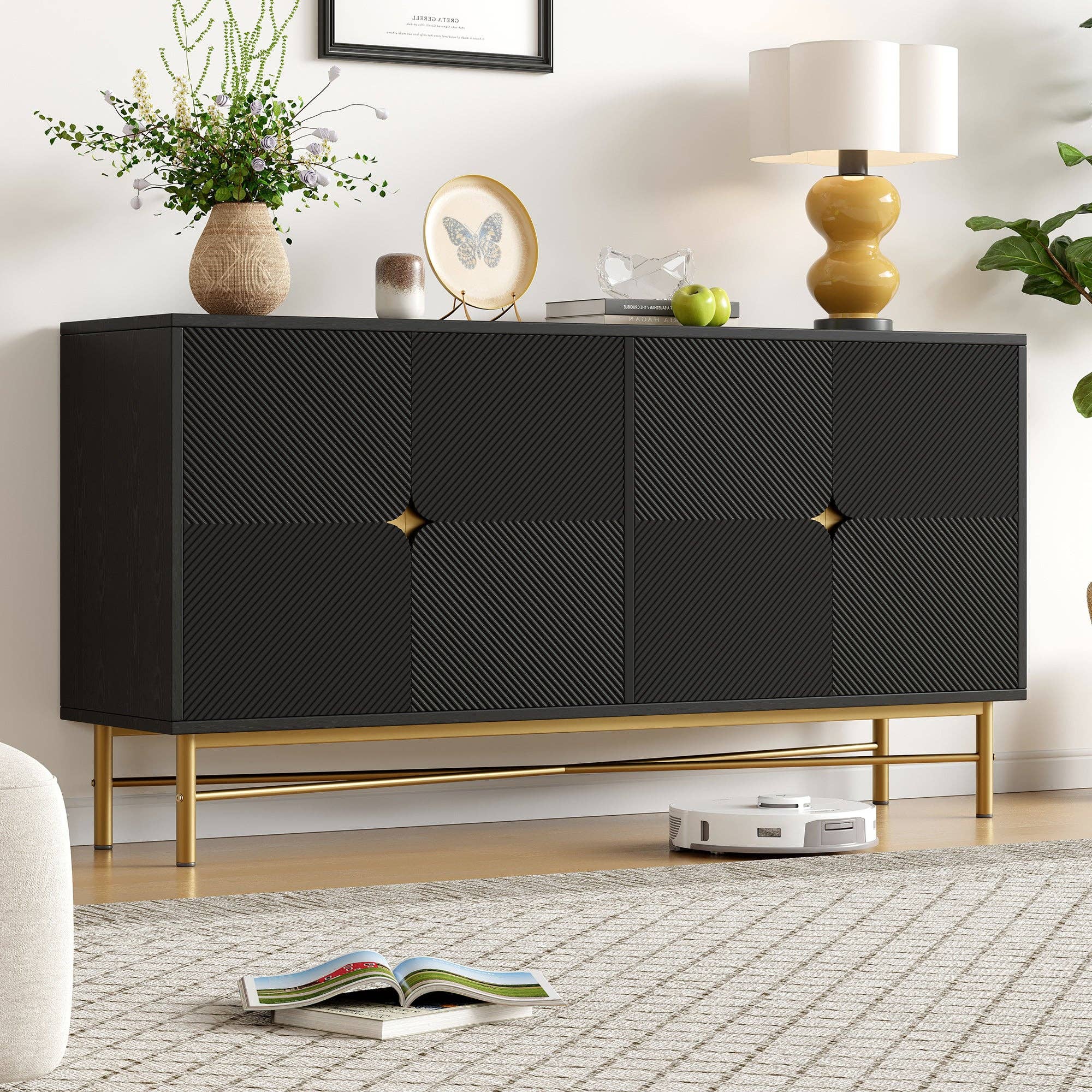 Urban Meuble - Wholesale Cabinet - Black sideboard with wood-effect embossed texture, 4 doors, luxury style with golden accent POLLENBASK2
