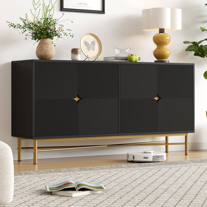 Urban Meuble - Wholesale Cabinet - Black sideboard with wood-effect embossed texture, 4 doors, luxury style with golden accent POLLENBASK2