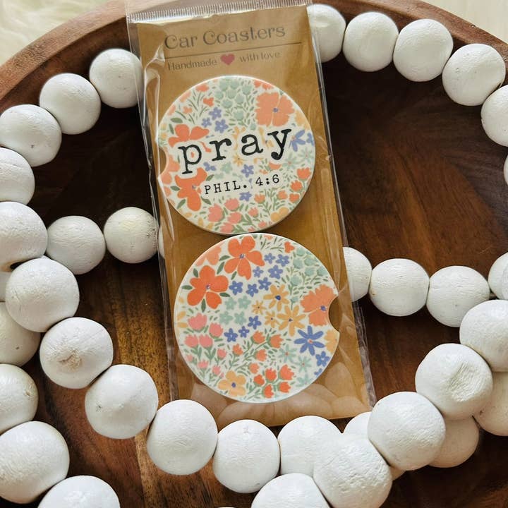 Only Grace Company - Wholesale Car Coaster - Women's - Floral Pray Matching Christian Set of 2 Car Coasters