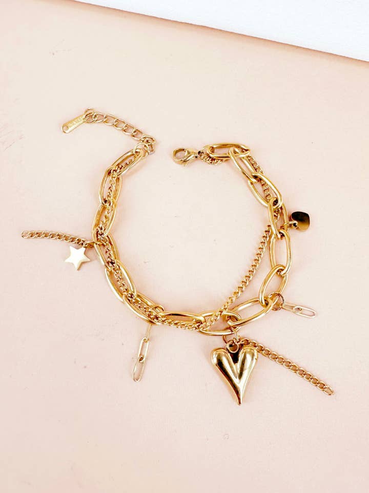 Meerdere kettingarmband met hart- en sterbedels van roestvrij staal voor wholesale door D Bijoux