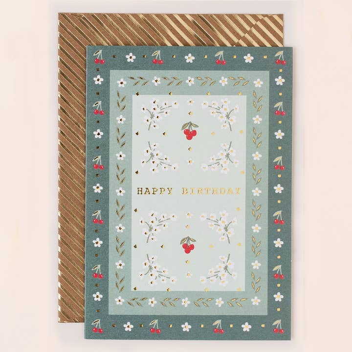 Birthday Card with Cherry Border Green for wholesale by Apple & Clover