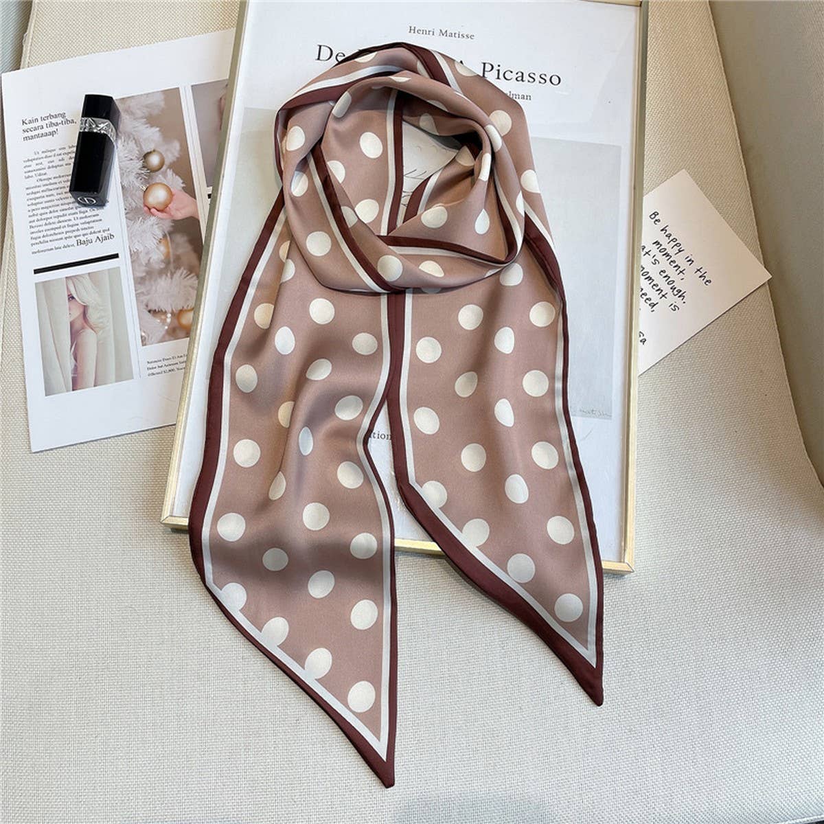 ACCITY - Wholesale Head Scarf - Women's - POLKA DOT SIMPLE GEOMETRIC LONG SILK HEAD SCARF_CWASC15193
