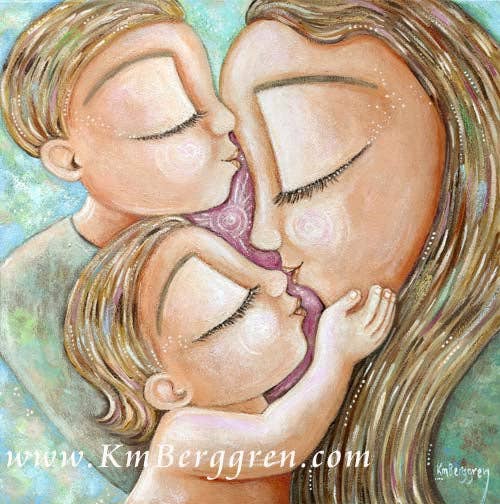 Katie m. Berggren art & design, LLC - Wholesale Art Print - Innocence - 2 Kids Kissing Mommy Art Print1