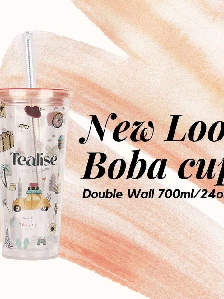 Reusable Boba Cup with Resealable Lid Plug 24 Oz Double Wall for wholesale by Tealise