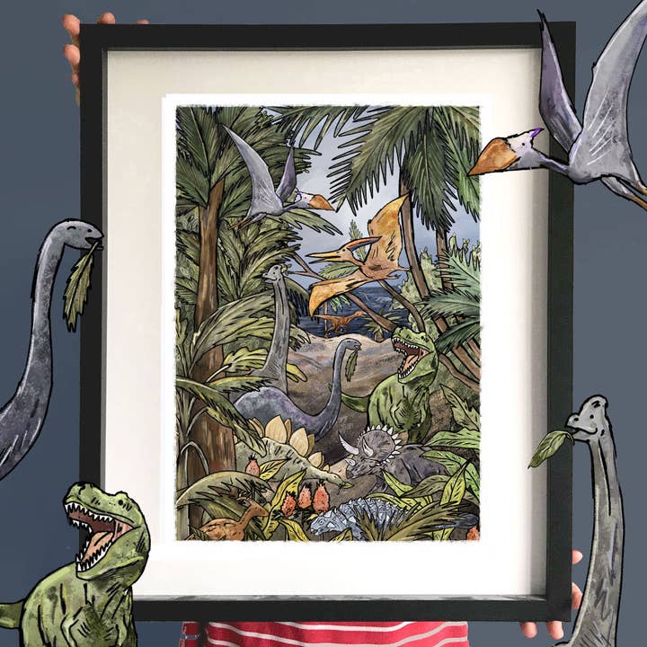 Prehistoric Dinosaur Jungle art print / greeting card for wholesale by Where The Wildlings Roam