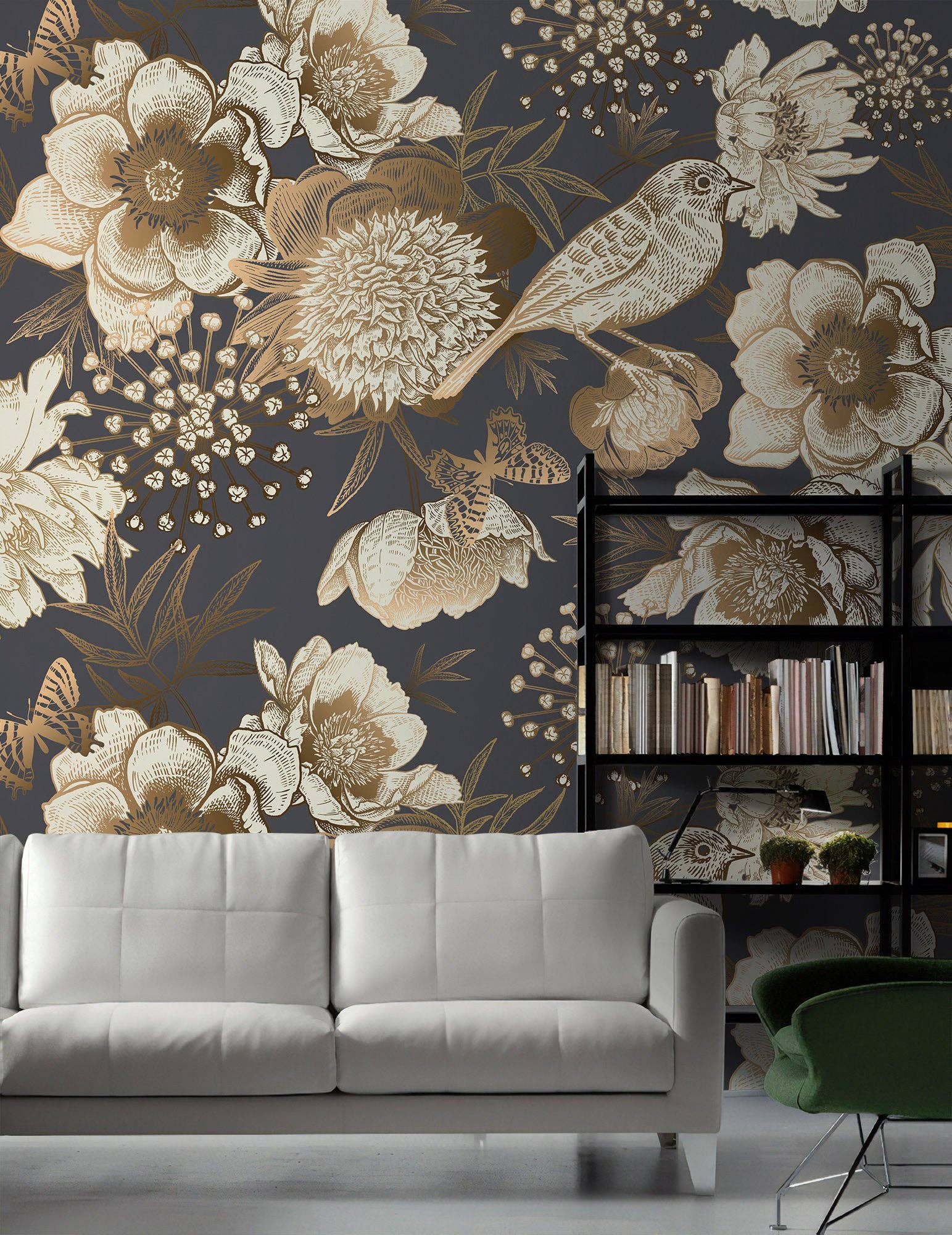 GK Home Decor - Wholesale Wallpaper - Gold Peony Flowers with Bird and Butterfly Wallpaper1