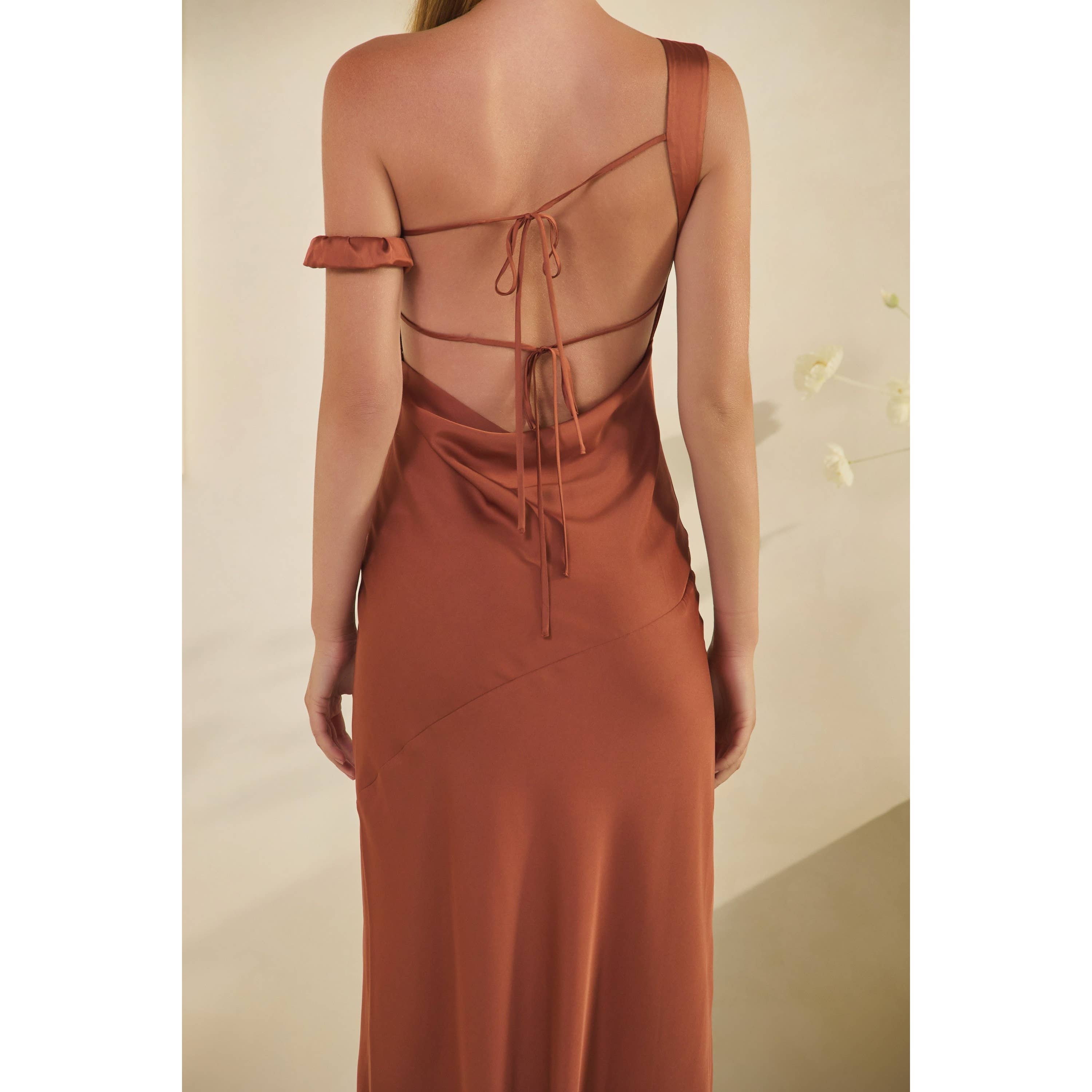 Honey Mango - Wholesale Dress - Women's - Asymmetric Satin Tie Back Maxi Dress9
