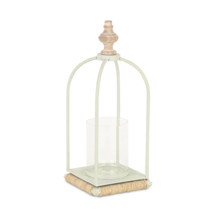 Lanterne en métal blanc Thistledale avec détails en bois et corde pour la vente par Cheungs Home Decor