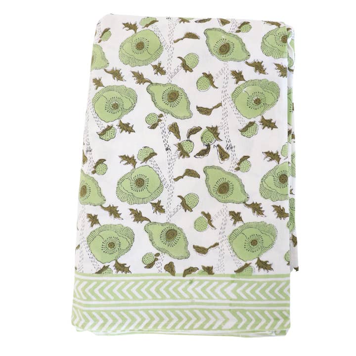 Poppy green block printed tablecloth for wholesale by Pretty Homestyle
